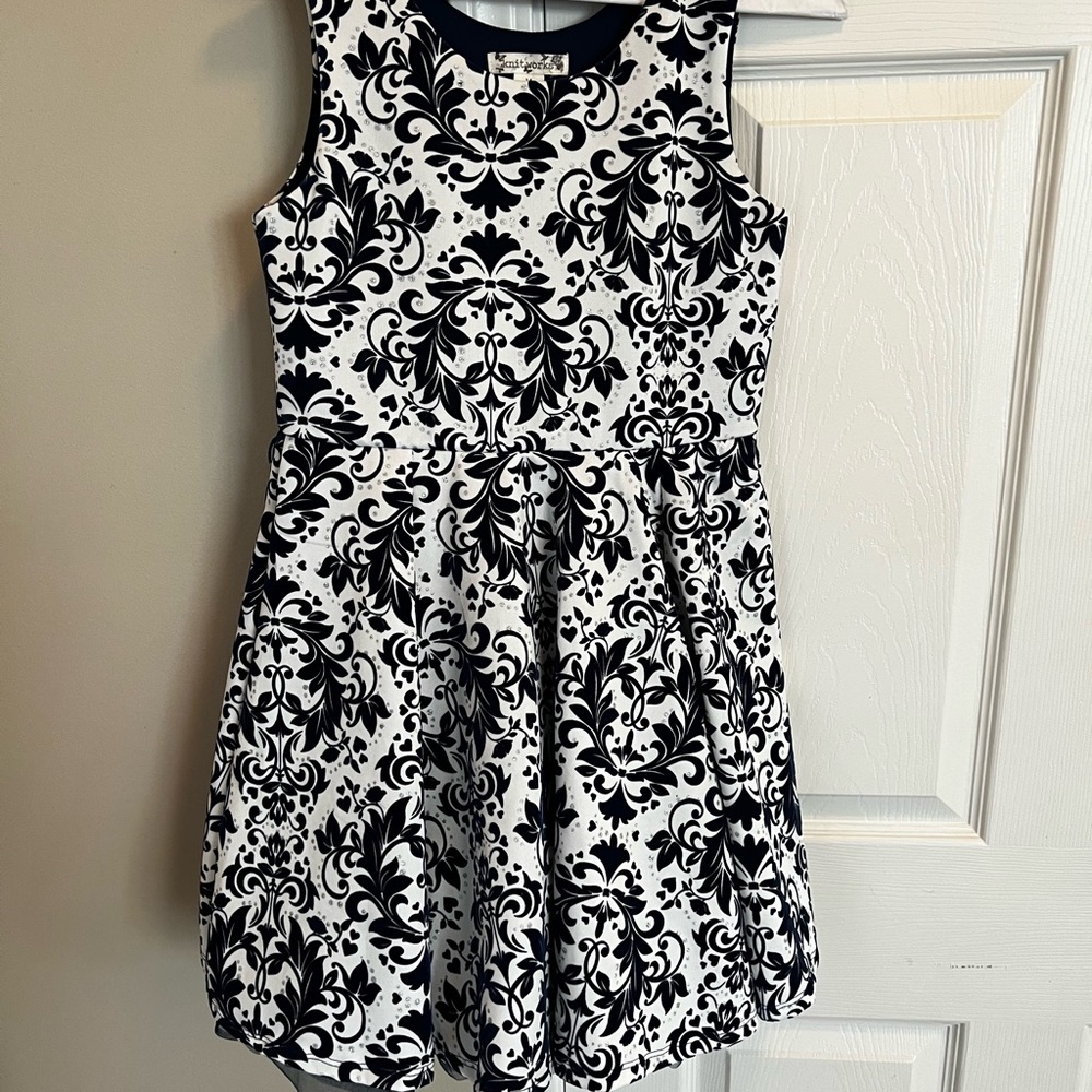 Knit Works Girls 14 Skater Dress Navy Blue Flocked Floral Stretch Ruffle Lined